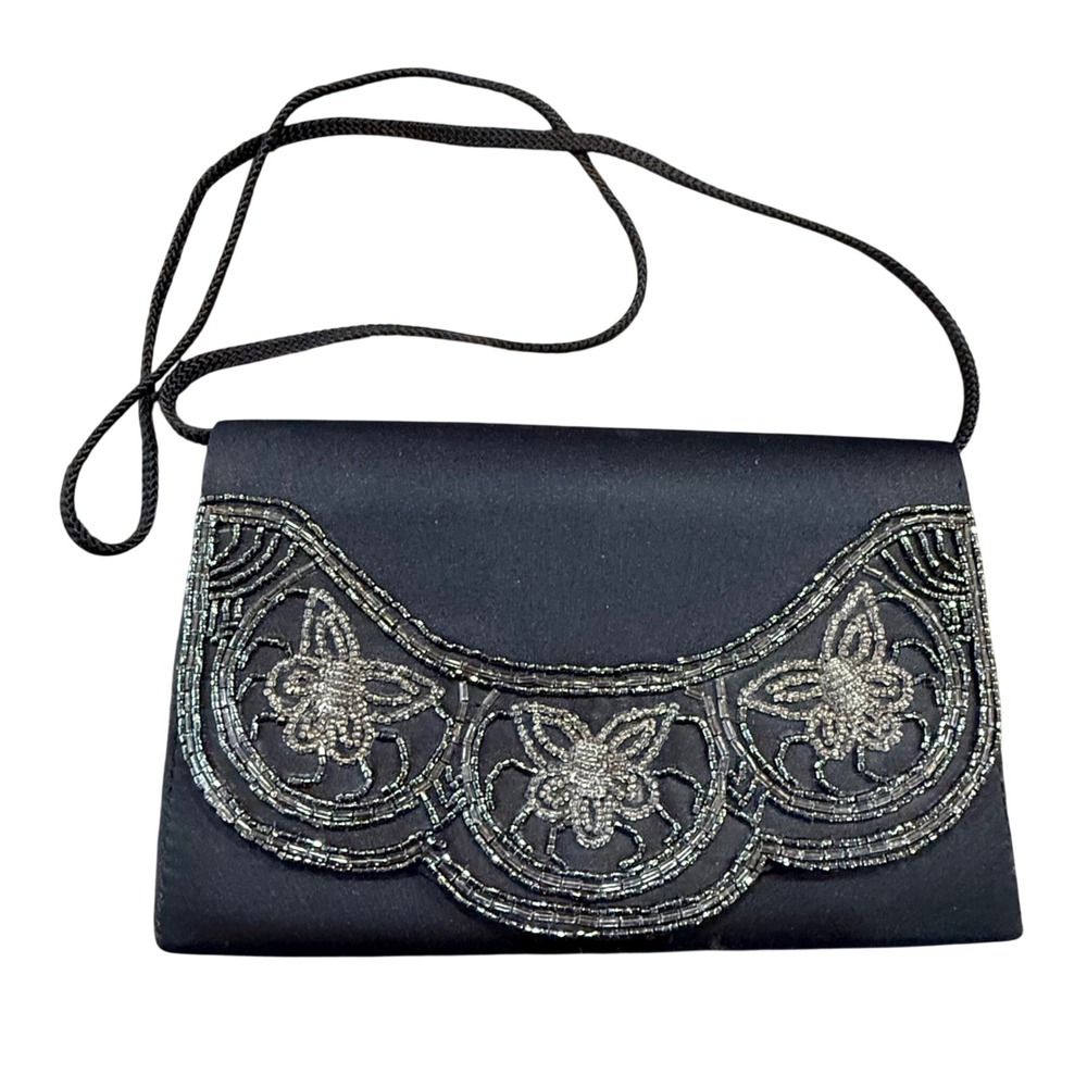Genie Black Satin Beaded Butterfly Evening Clutch Crossbody Bag Scallop Trim